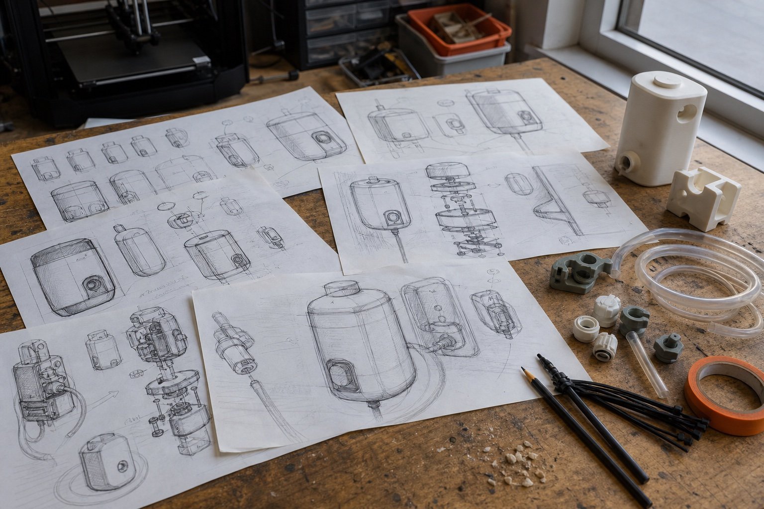 Dessins de conception de Bubble Blast et pièces de prototype sur la table de conception Lazvly