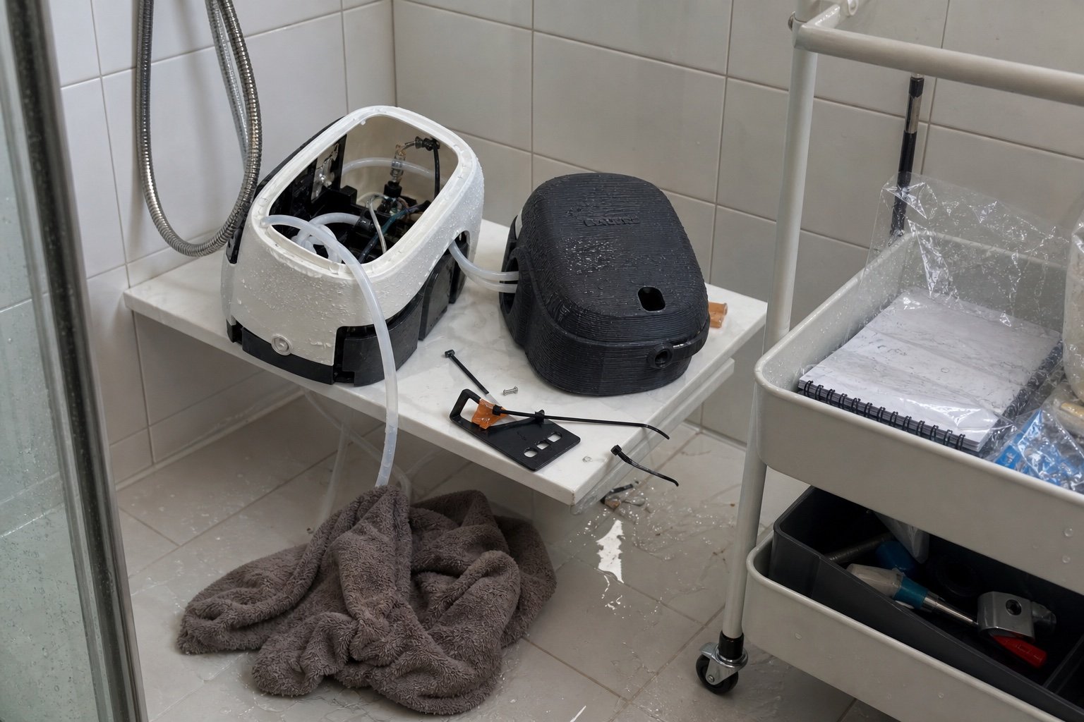 Prototype Bubble Blast ouvert et matériel d’essai à l’eau dans une salle de bains