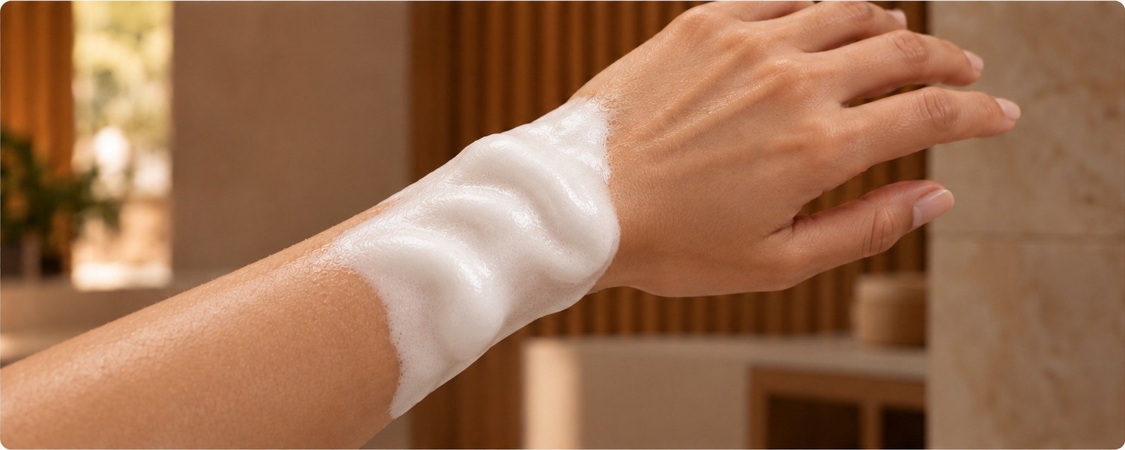 A forearm covered in ready-to-use Bubble Blast foam in a warm shower setting