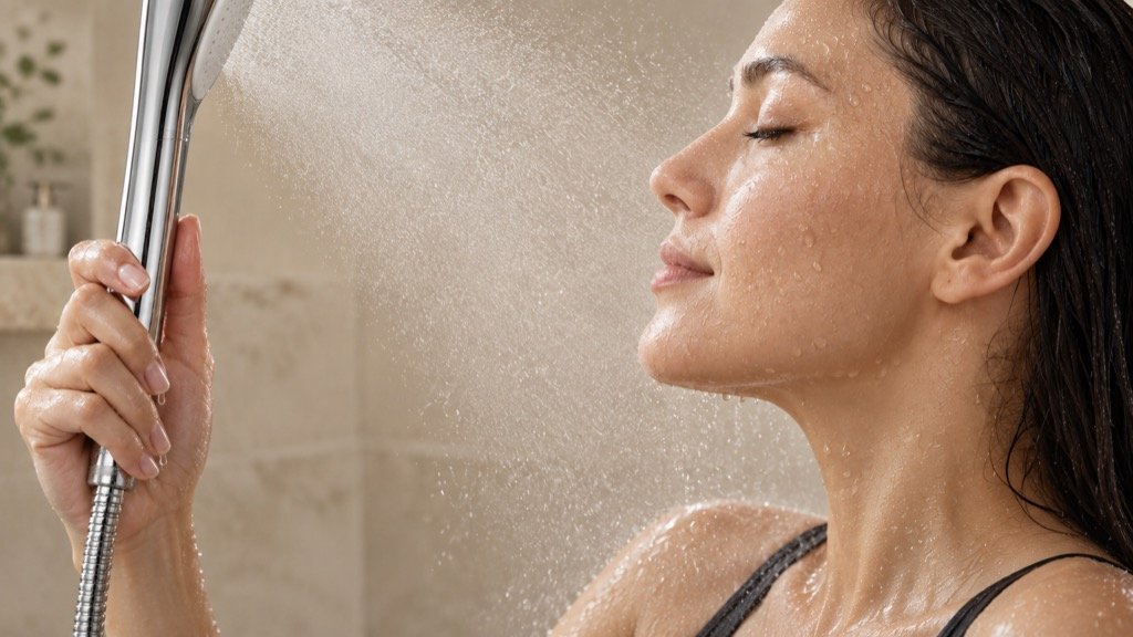 Woman using a handheld shower during an everyday shower routine