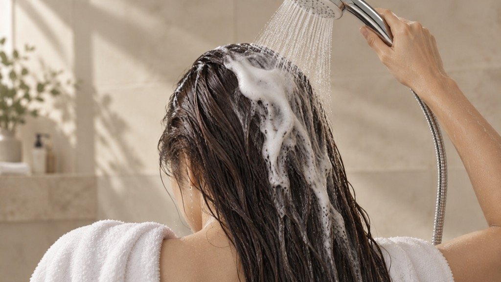 Long hair being rinsed evenly with a handheld shower