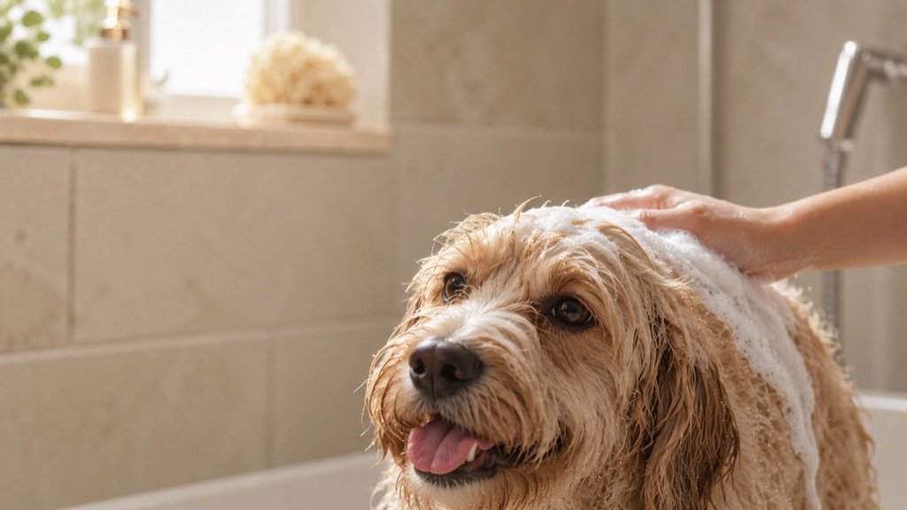 Dog being bathed at home with a handheld shower