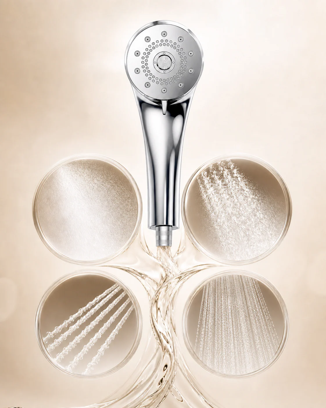 Handheld shower shown with multiple spray patterns including mist mode