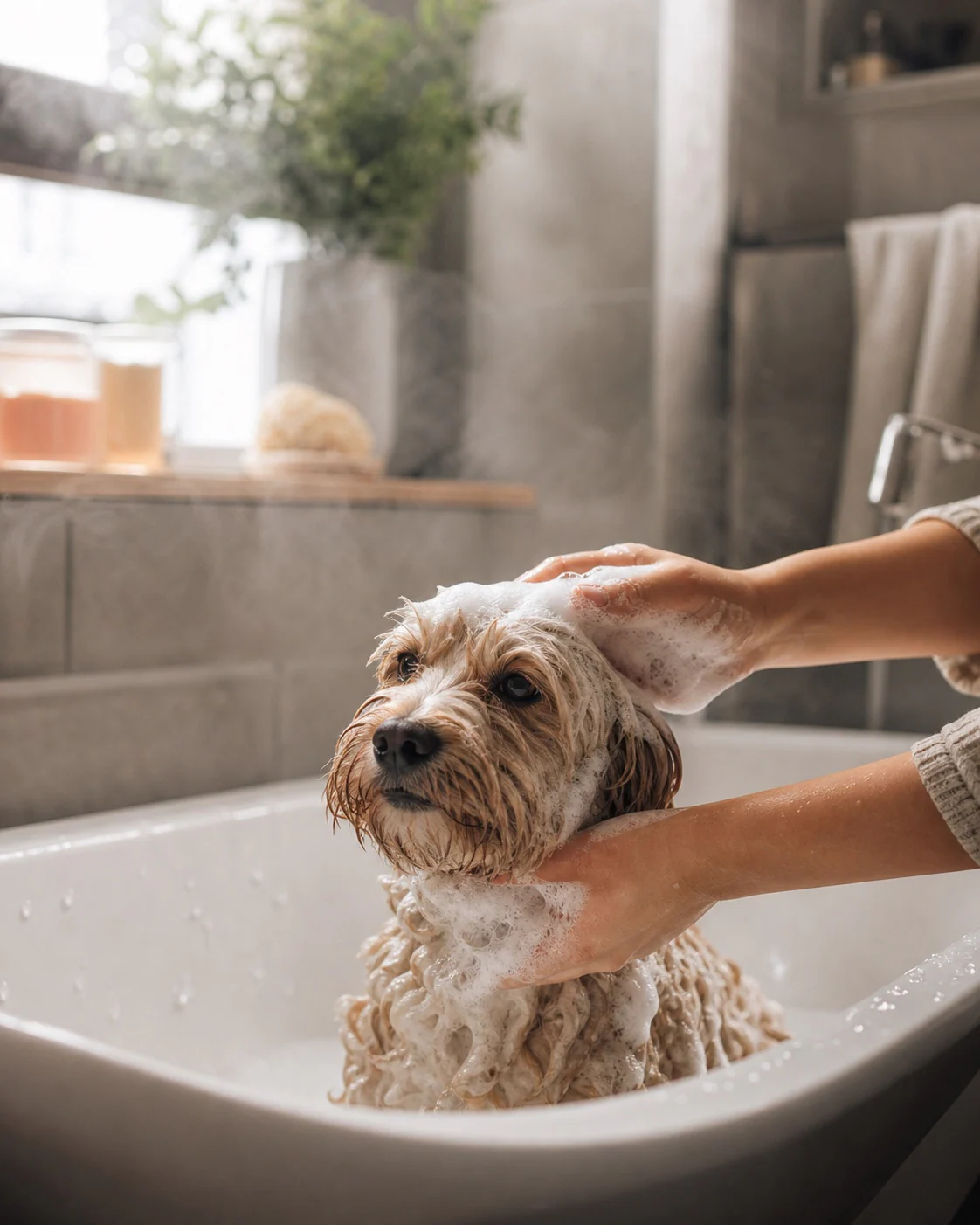 Dog being bathed at home with a handheld shower