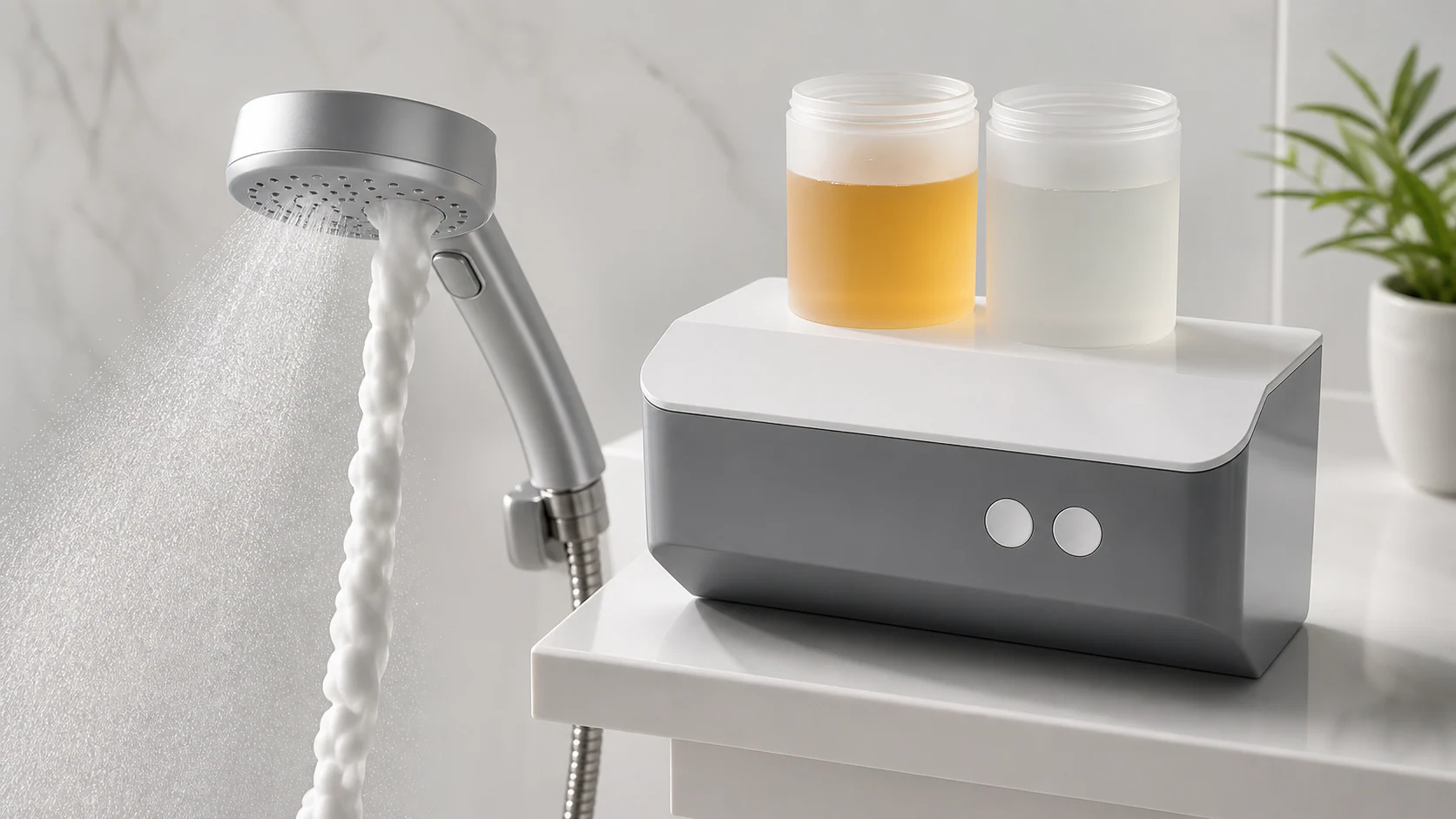 Bubble Blast foam system beside a handheld shower and two refill containers