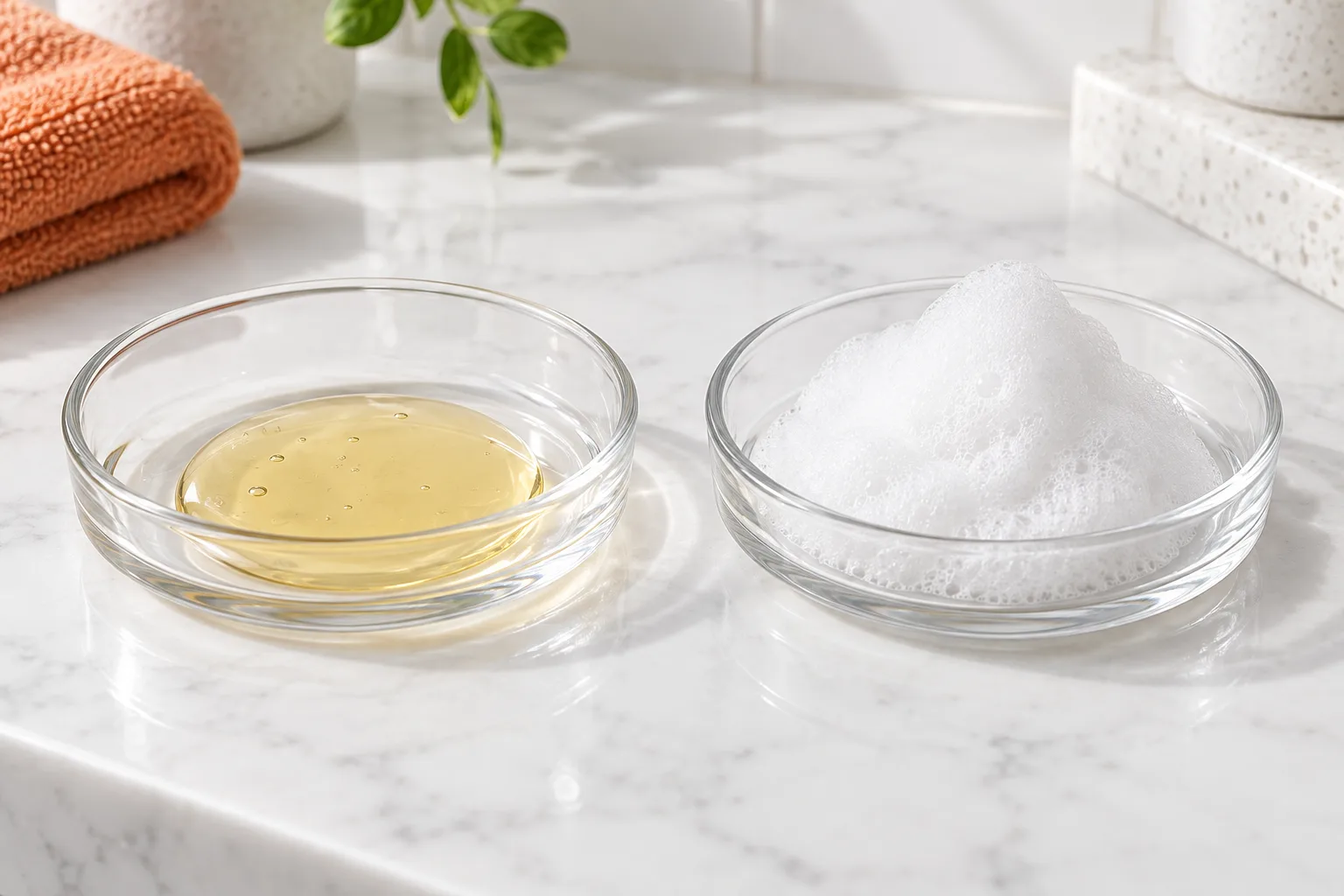 Illustration d'un nettoyant liquide et d'une mousse blanche dans deux coupelles sur un plan de salle de bains.