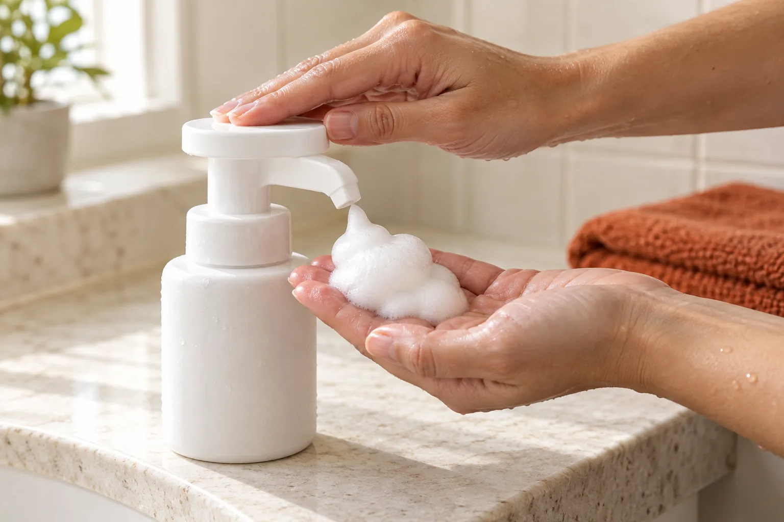 Mains distribuant une mousse lavante dans une paume ouverte à l’aide d’un flacon-pompe mousseur