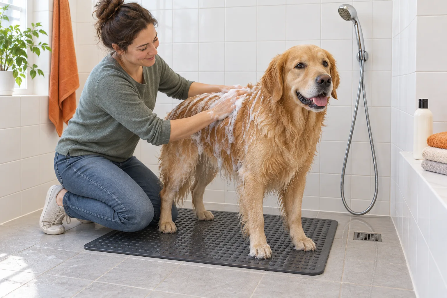 Illustration d'un golden retriever lavé sur un tapis antidérapant dans une douche de plain-pied.