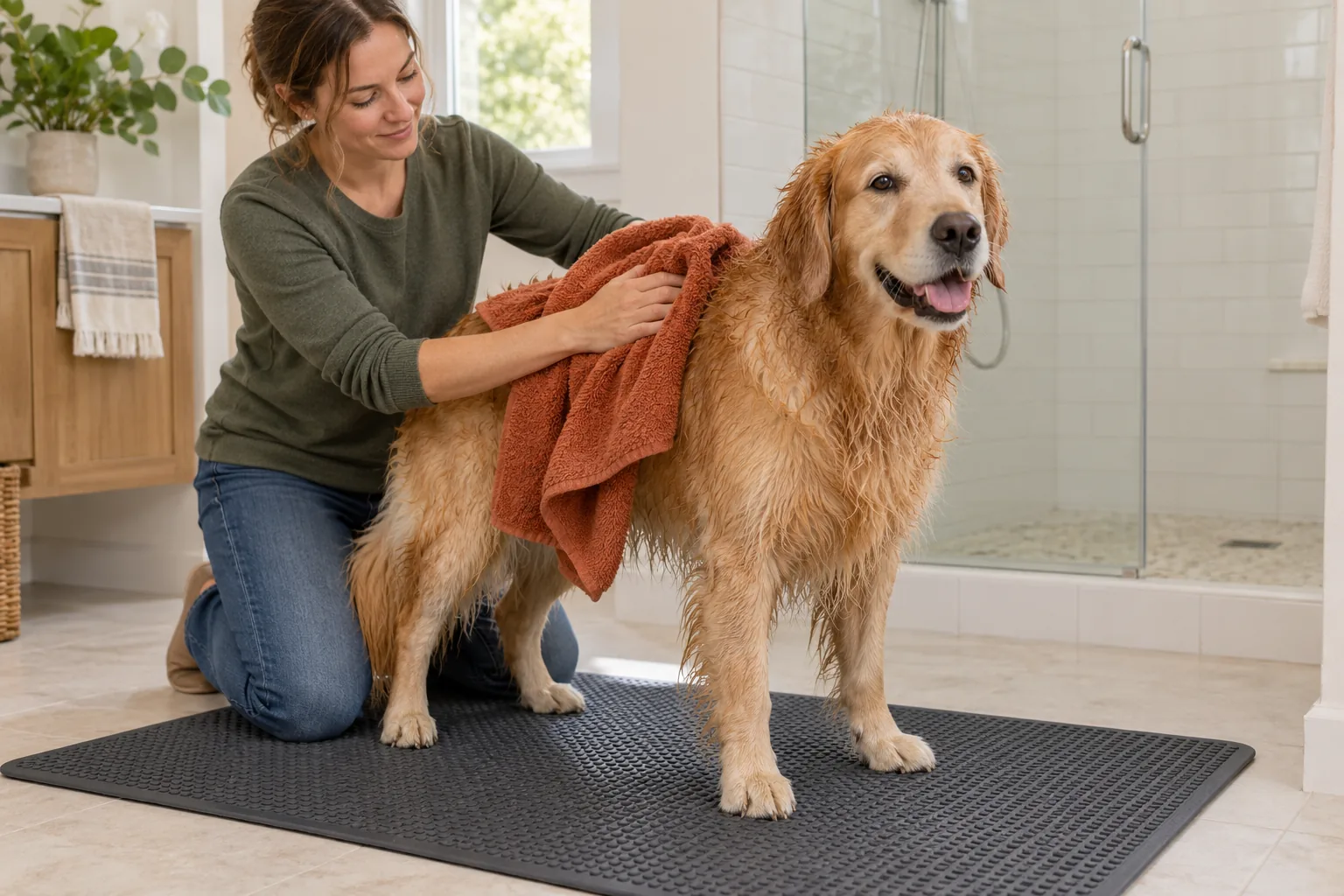 Une personne sèche avec une serviette un golden retriever mouillé debout sur un tapis antidérapant près de la douche